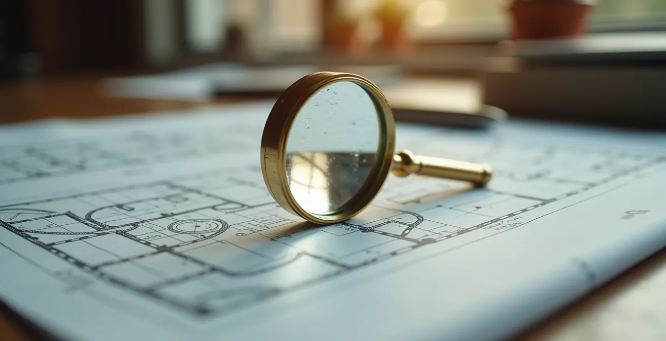 Professionista che esamina documenti di progetto immobiliare con lente d'ingrandimento
