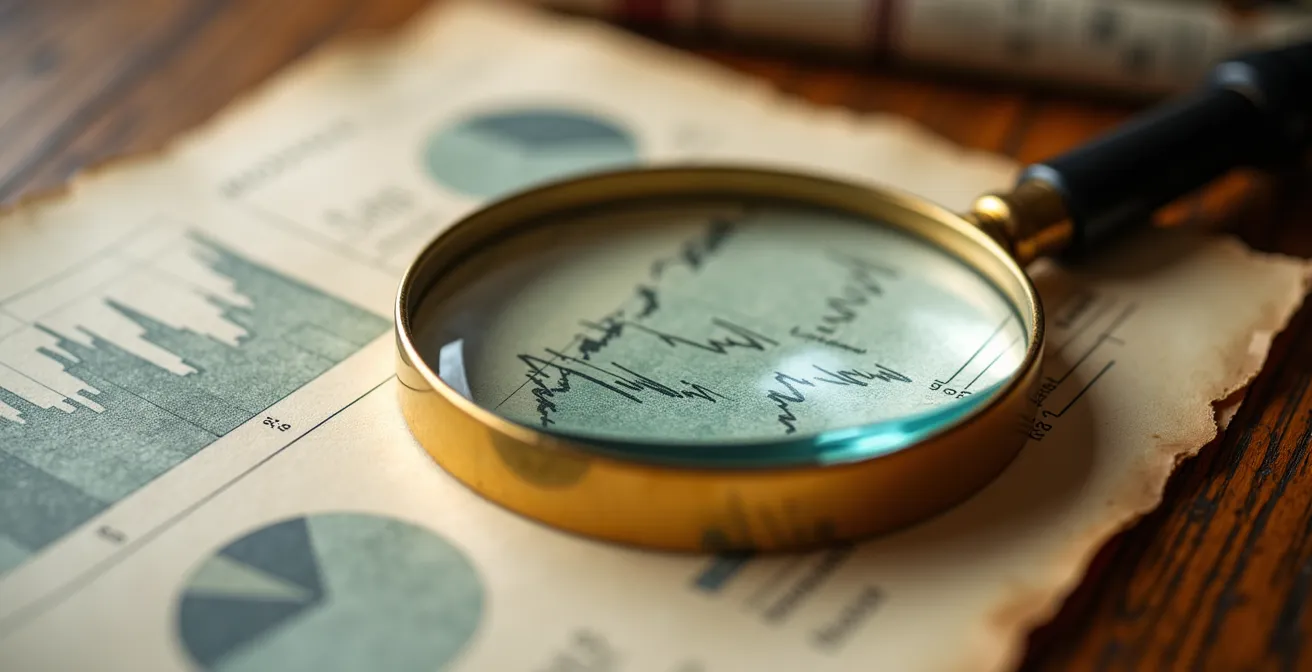 Dettaglio macro di grafici finanziari con lente di ingrandimento su superficie in legno