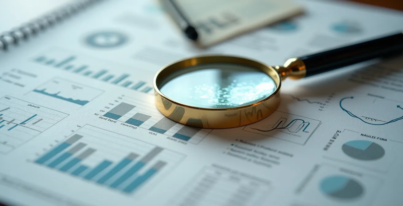 Vista macro di documento finanziario con lente d'ingrandimento che evidenzia pattern astratti