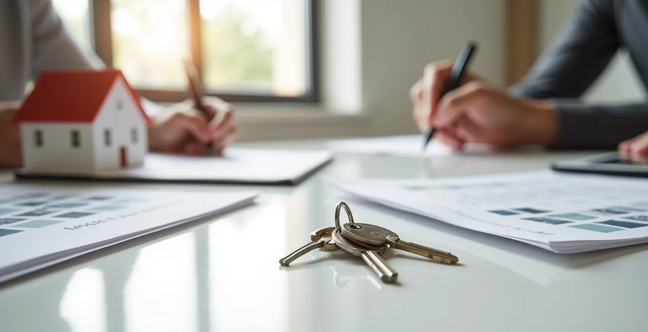 Mani che firmano documenti immobiliari con chiavi di casa e modello di abitazione sulla scrivania