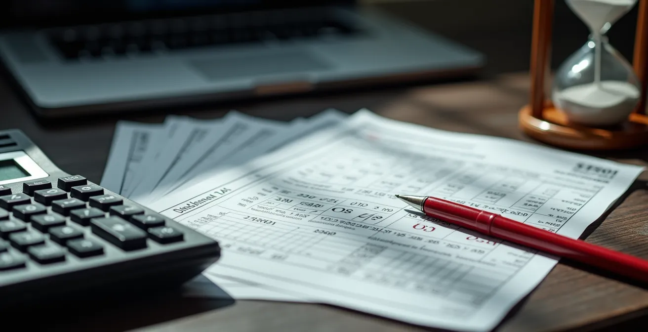 Documenti fiscali con calcolatrice e modello F24 su scrivania professionale