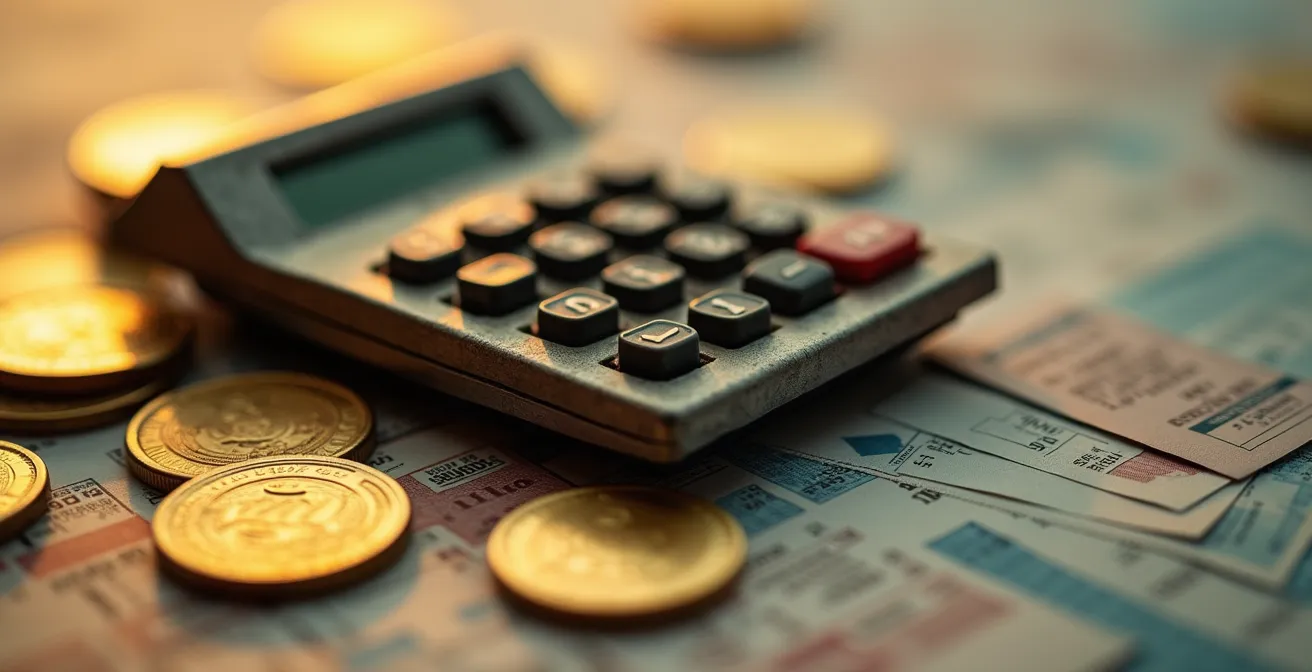 Calcolatrice vintage con documenti finanziari sfocati e monete dorate in primo piano macro