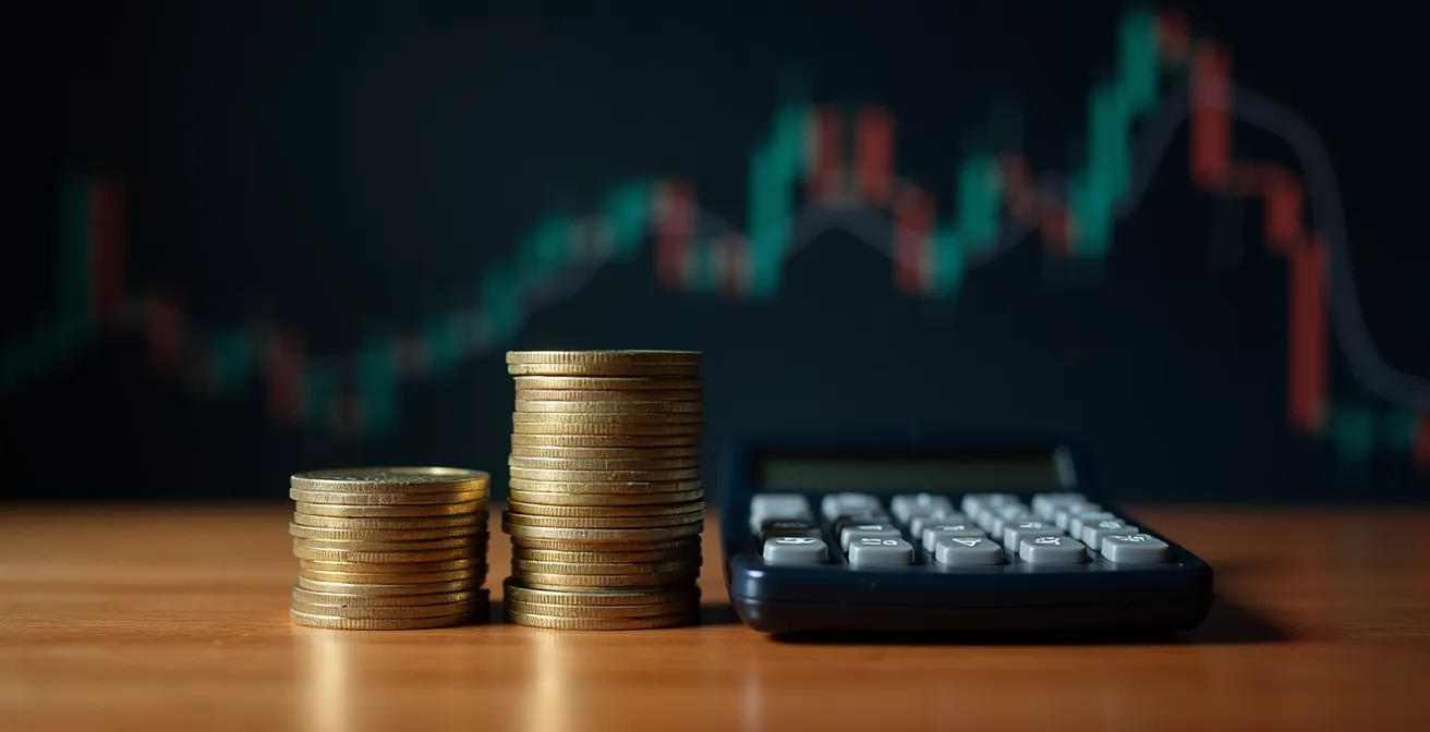 Calcolatrice professionale su scrivania con grafici a torta che mostrano percentuali fiscali diverse