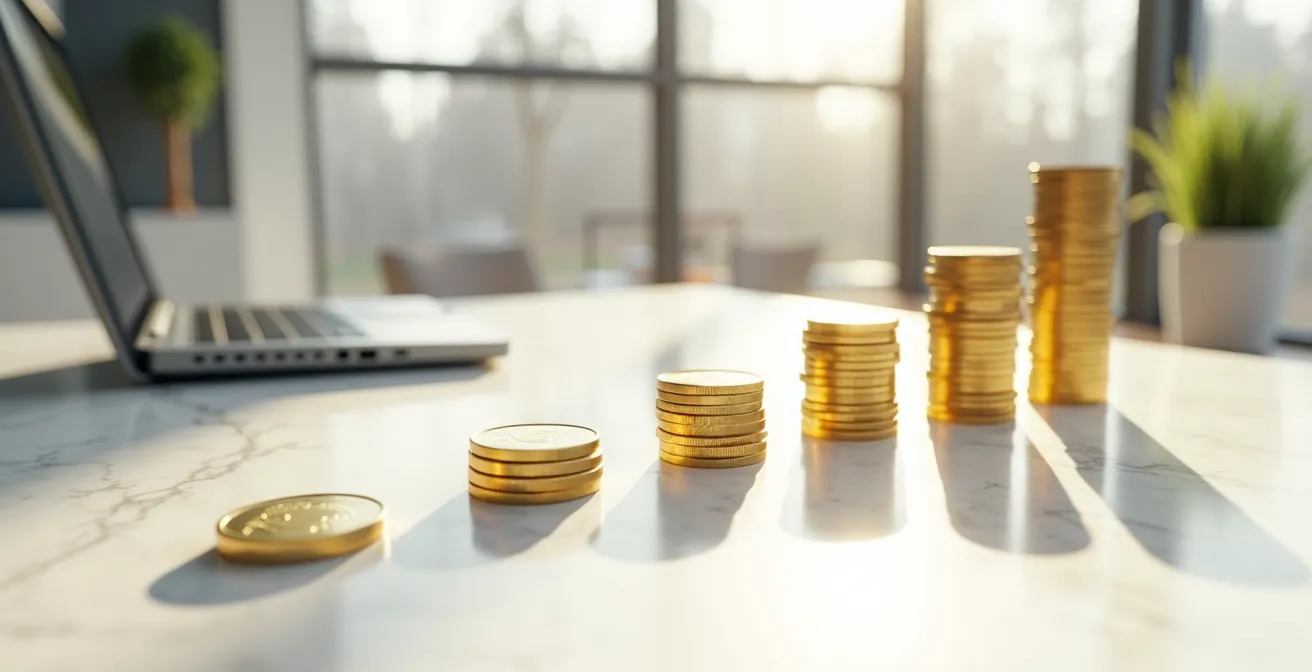 Visualizzazione grafica del calcolo ROI con monete e grafici ascendenti