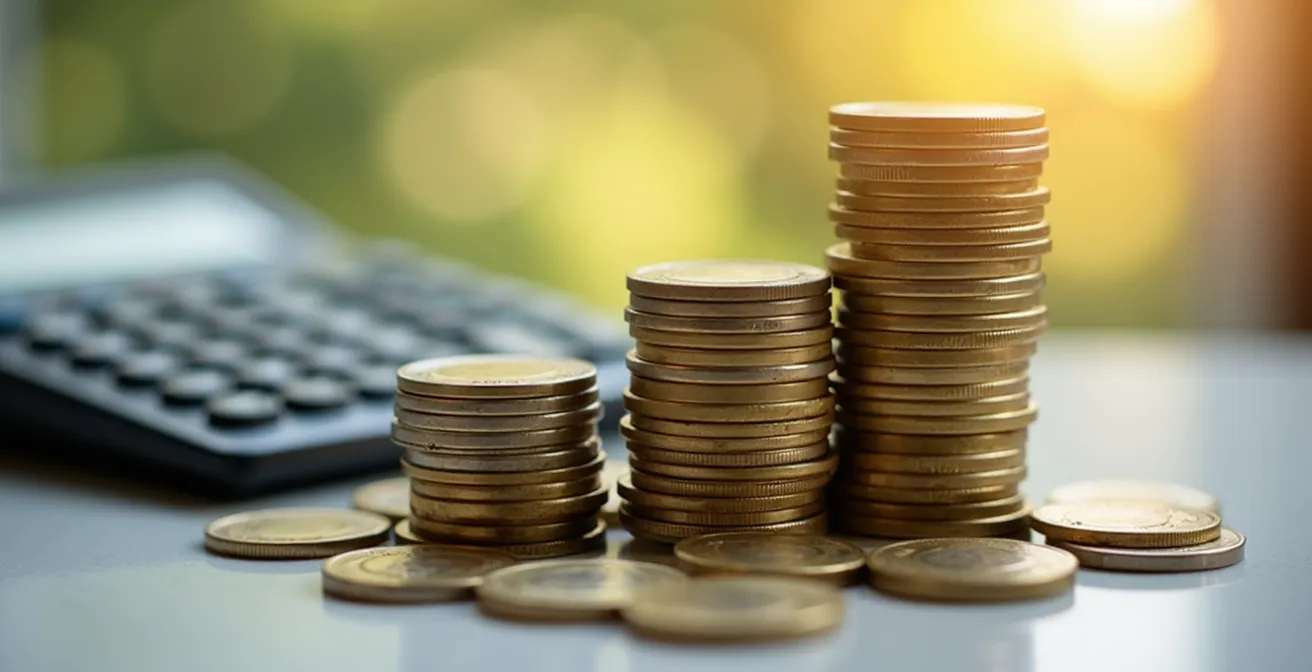 Calcolatrice e monete che rappresentano il guadagno dal contributo datoriale