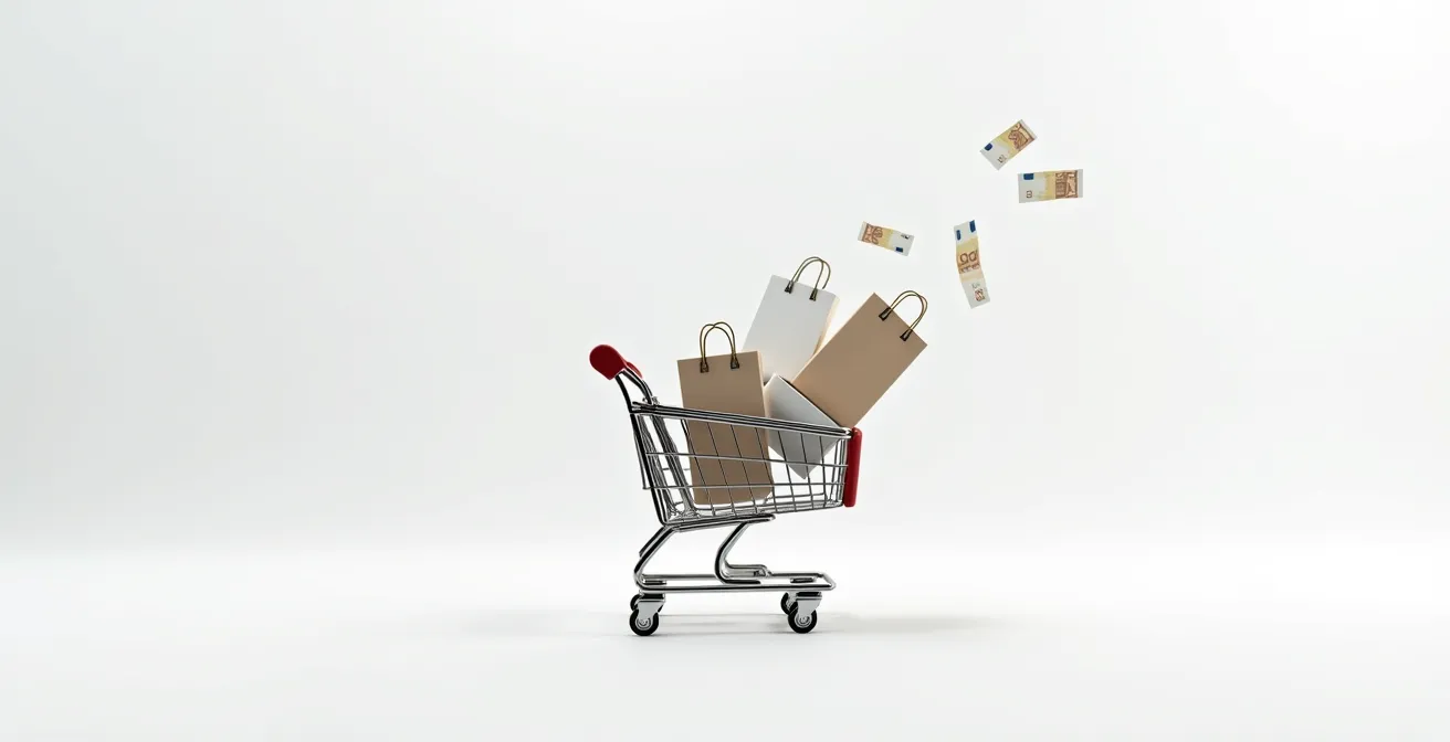 Carrello della spesa diviso in tre sezioni con banconote euro che rappresentano il pagamento rateizzato Buy Now Pay Later