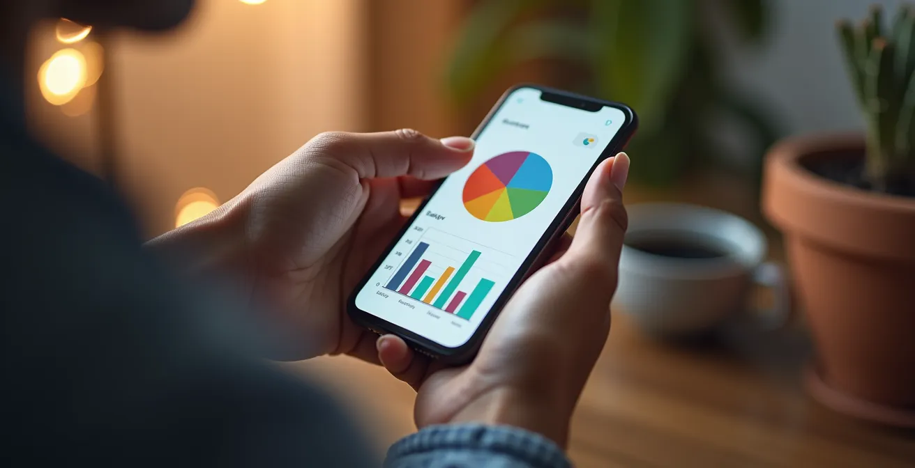 Close-up di mani che tengono smartphone con grafici colorati di categorie spese visualizzati su schermo opaco