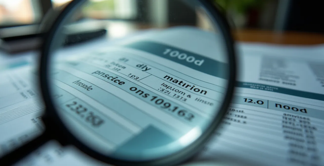 Dettaglio macro di documenti finanziari con lente d'ingrandimento che evidenzia cifre