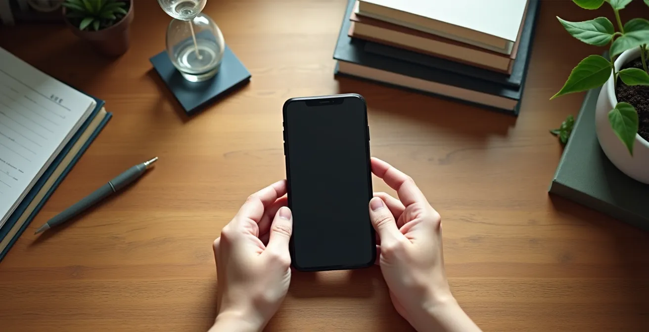 Uno smartphone in modalità scala di grigi su una scrivania, con barriere fisiche come libri e un timer che simboleggiano il distacco intenzionale dal trading.