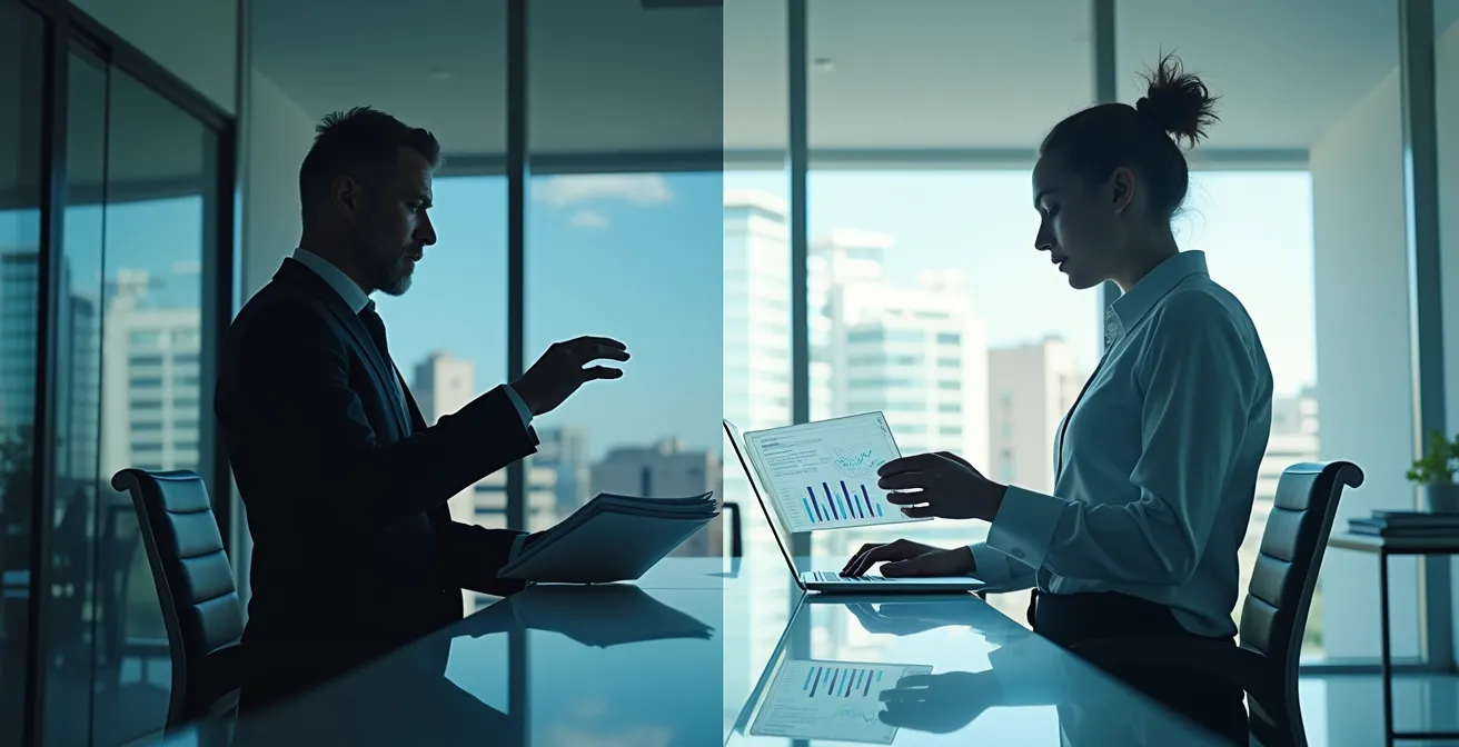 Due consulenti finanziari in uffici diversi analizzano portafogli di investimento