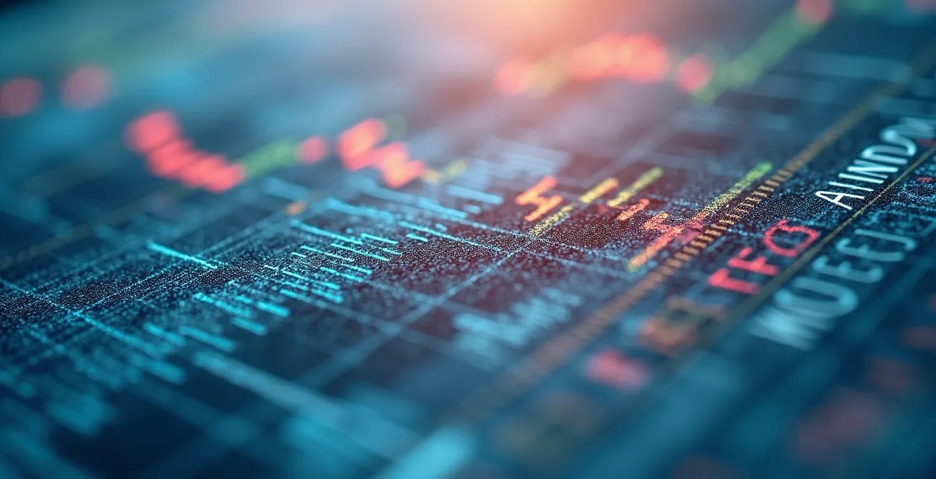 Vista macro di superficie con texture di foglio di calcolo astratto e pattern geometrici colorati che rappresentano dati finanziari