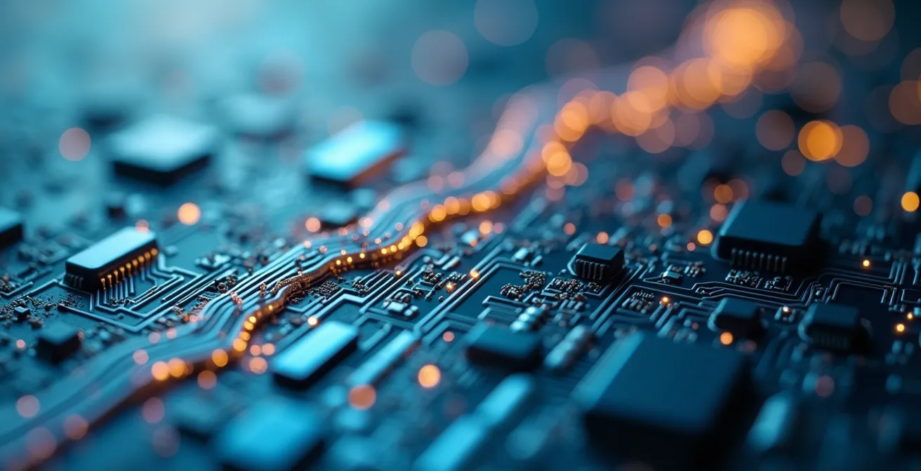 Dettaglio macro di elementi tecnologici che simboleggiano la crescita esponenziale