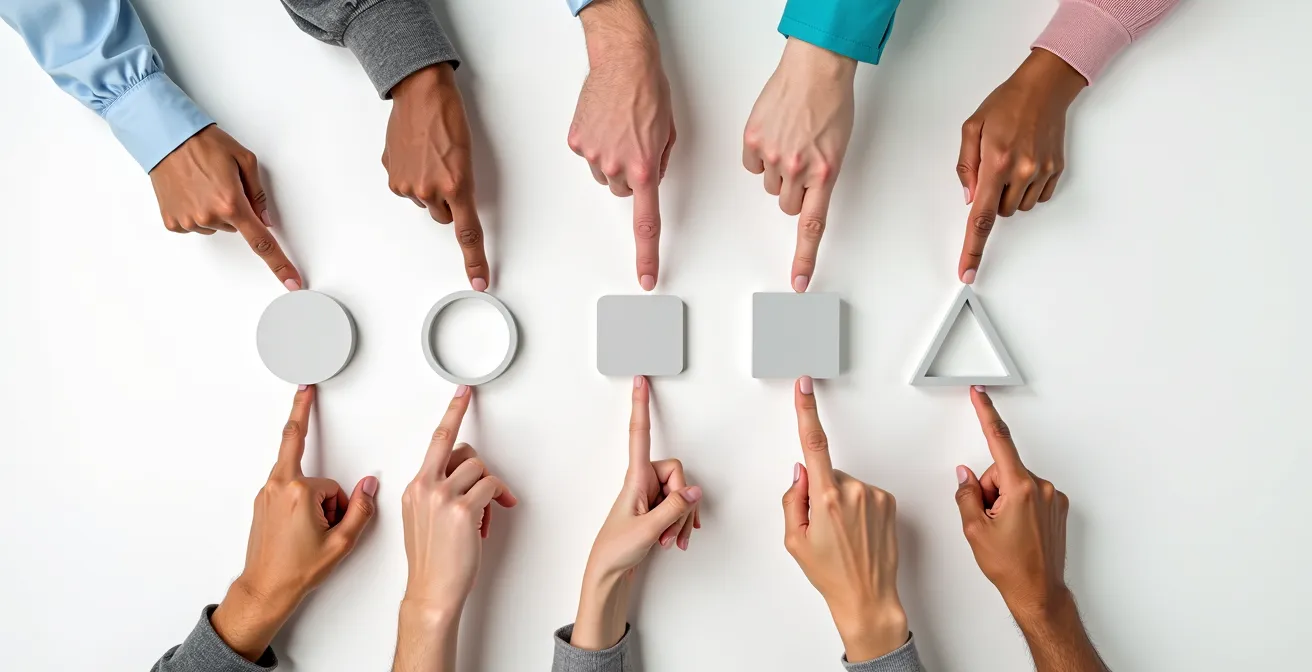 Mani di professionisti diversi che indicano opzioni di welfare su superficie neutra