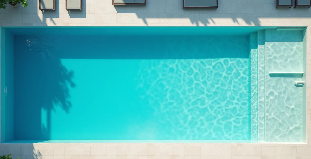 Vista dall'alto di una piscina con acqua di due tonalità diverse che si mescolano gradualmente