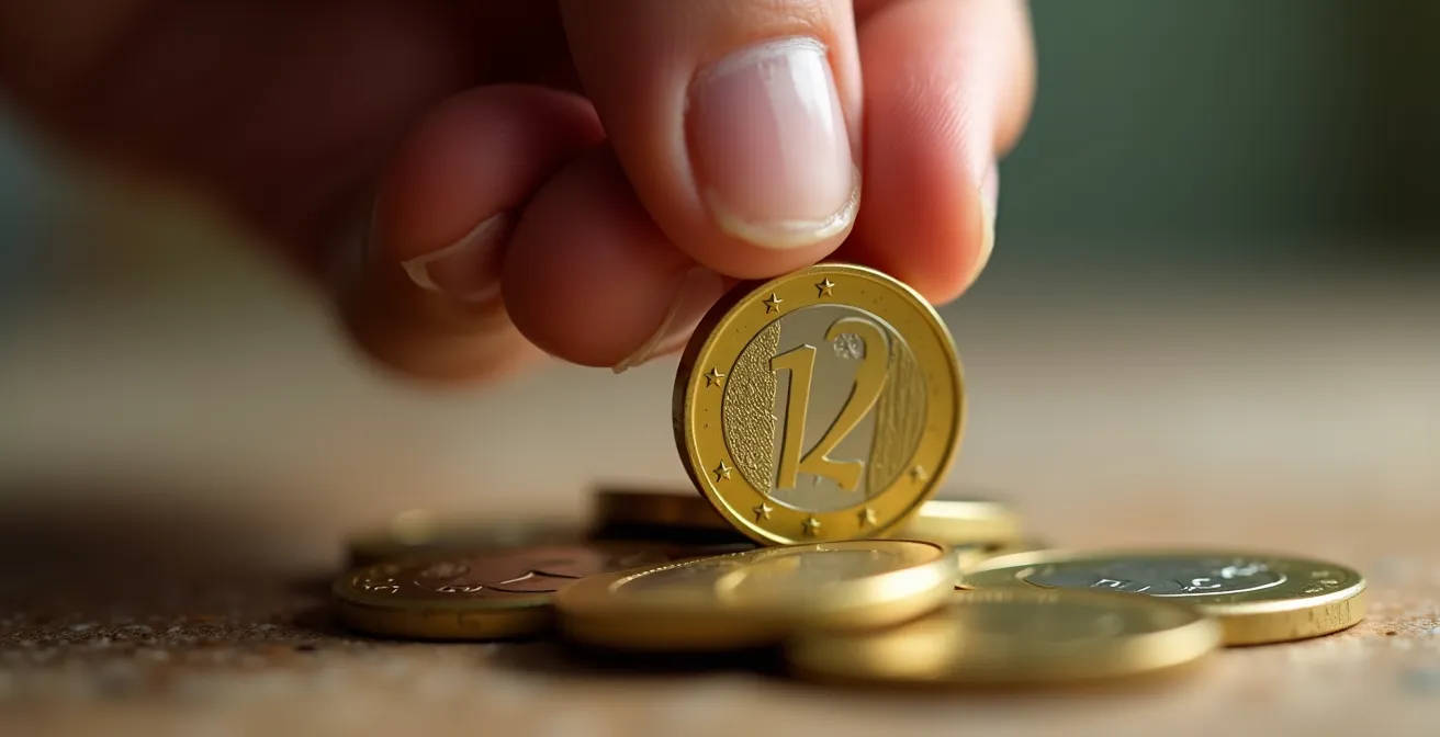 Dettaglio macro di monete che scivolano attraverso le dita