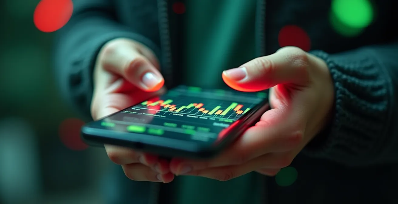 Mani che tengono uno smartphone con riflessi di grafici finanziari, evidenziando la distorsione visiva su un piccolo schermo.