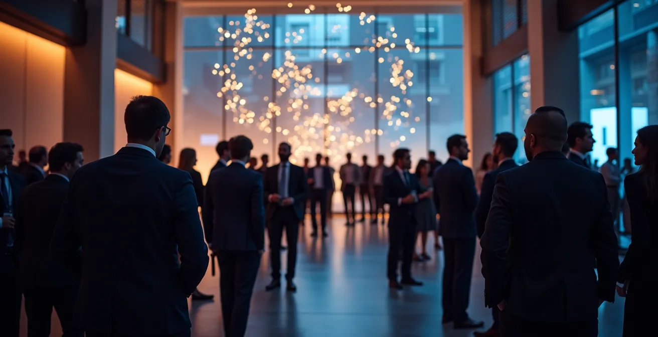Evento di networking fintech con professionisti in ambiente congressuale moderno