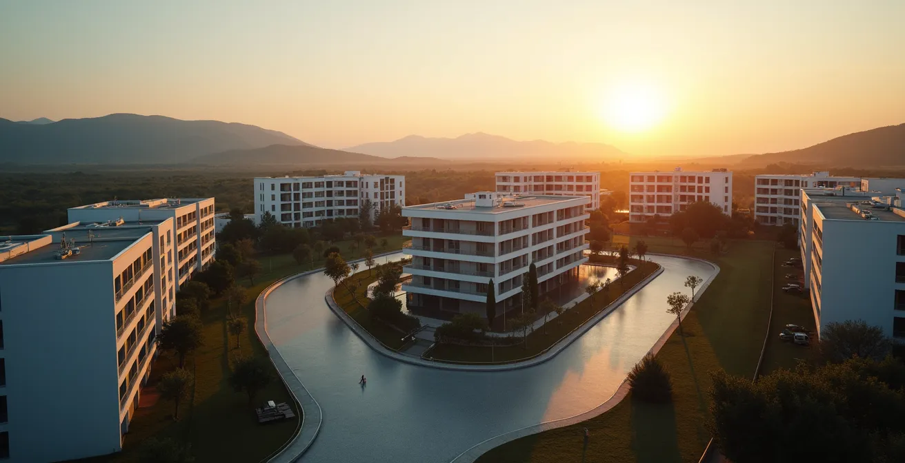 Vista aerea di complessi immobiliari con ombre lunghe al tramonto