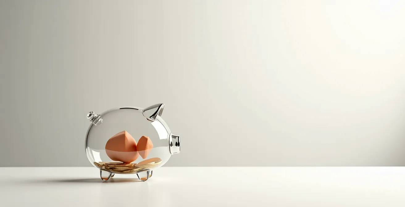 Salvadanaio moderno con livelli trasparenti che mostrano diversi strati di protezione finanziaria