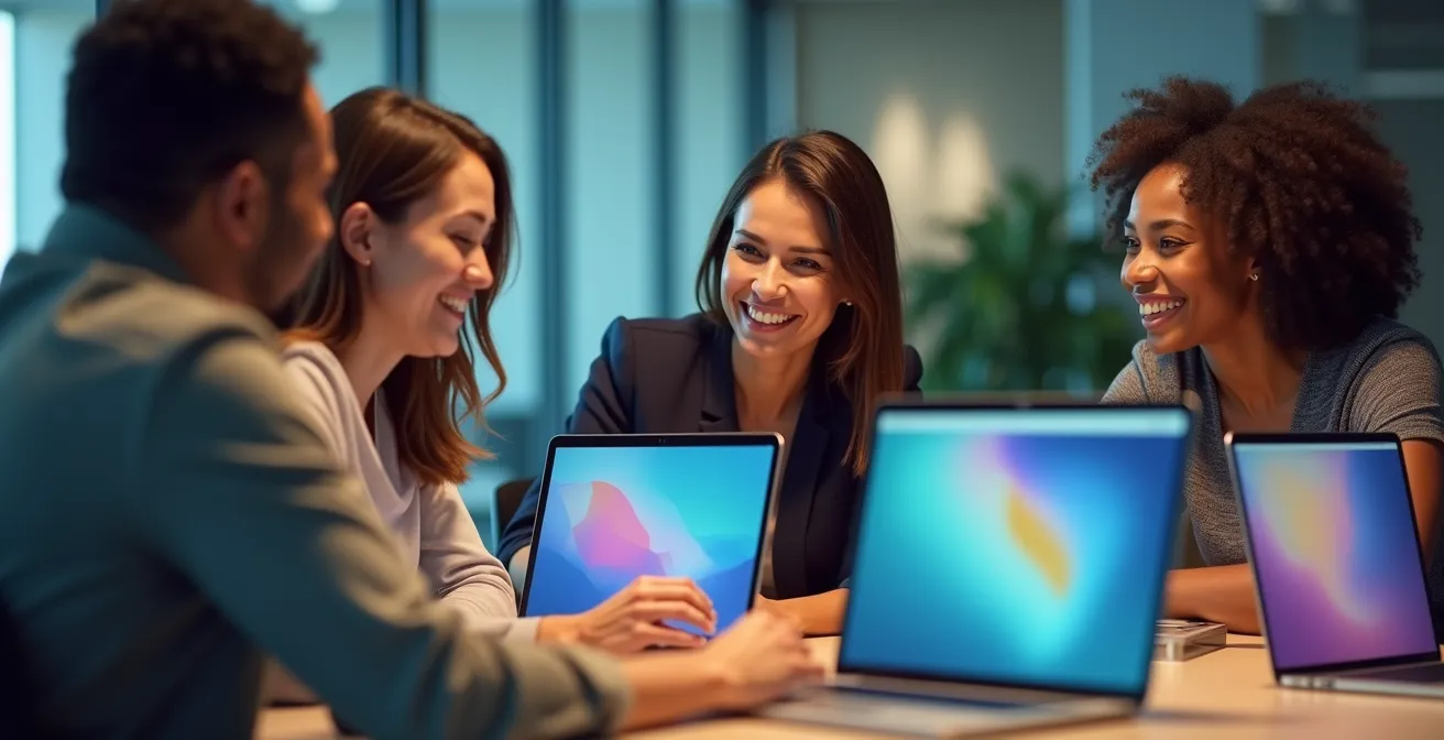 Dipendenti in formazione digitale con computer e tablet in ambiente aziendale moderno