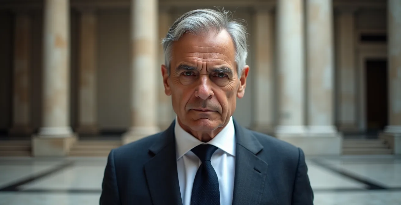 Manager esperto in momento di riflessione tra tradizione bancaria e innovazione fintech