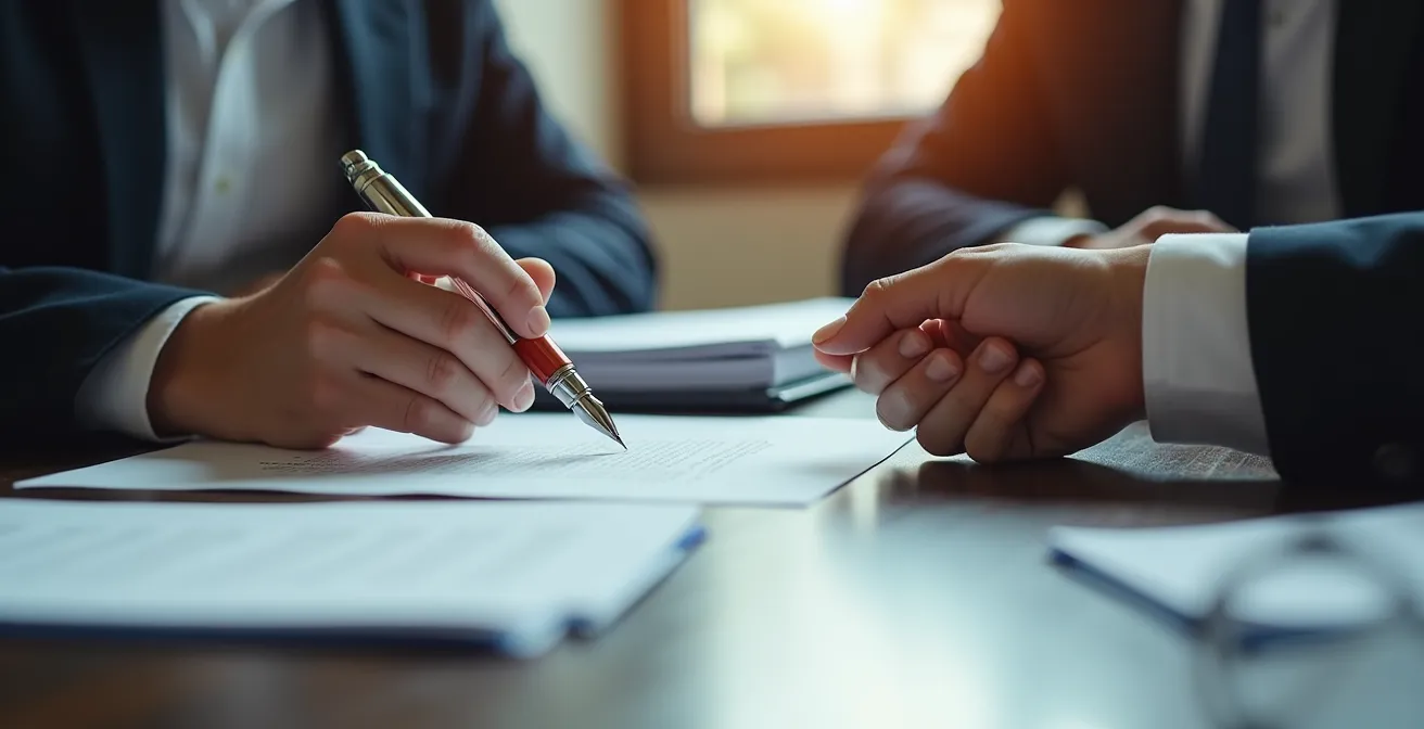 Mani che firmano un accordo di saldo e stralcio con documenti finanziari