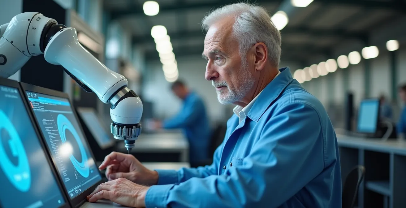 Operaio esperto che programma un robot collaborativo in fabbrica attraverso un pannello di controllo intuitivo