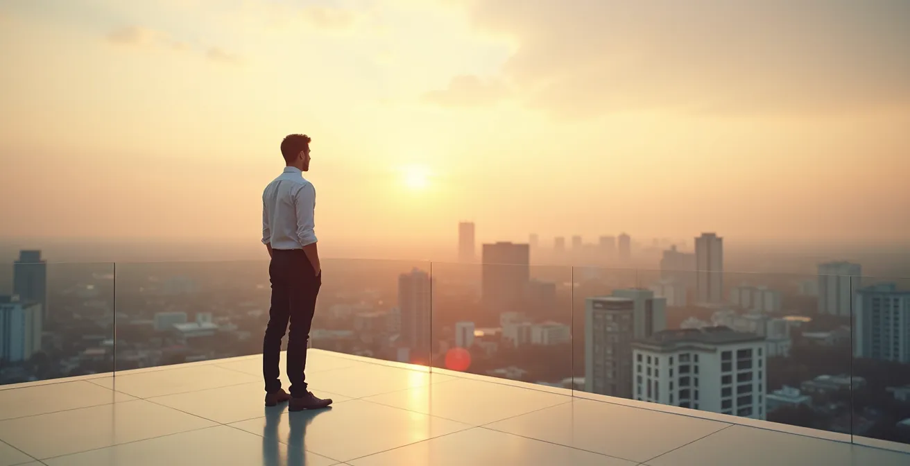Giovane lavoratore che guarda verso un orizzonte lontano simboleggiando il lungo termine