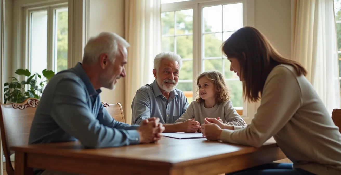 Tre generazioni di una famiglia riunite attorno a un tavolo in un ambiente domestico elegante