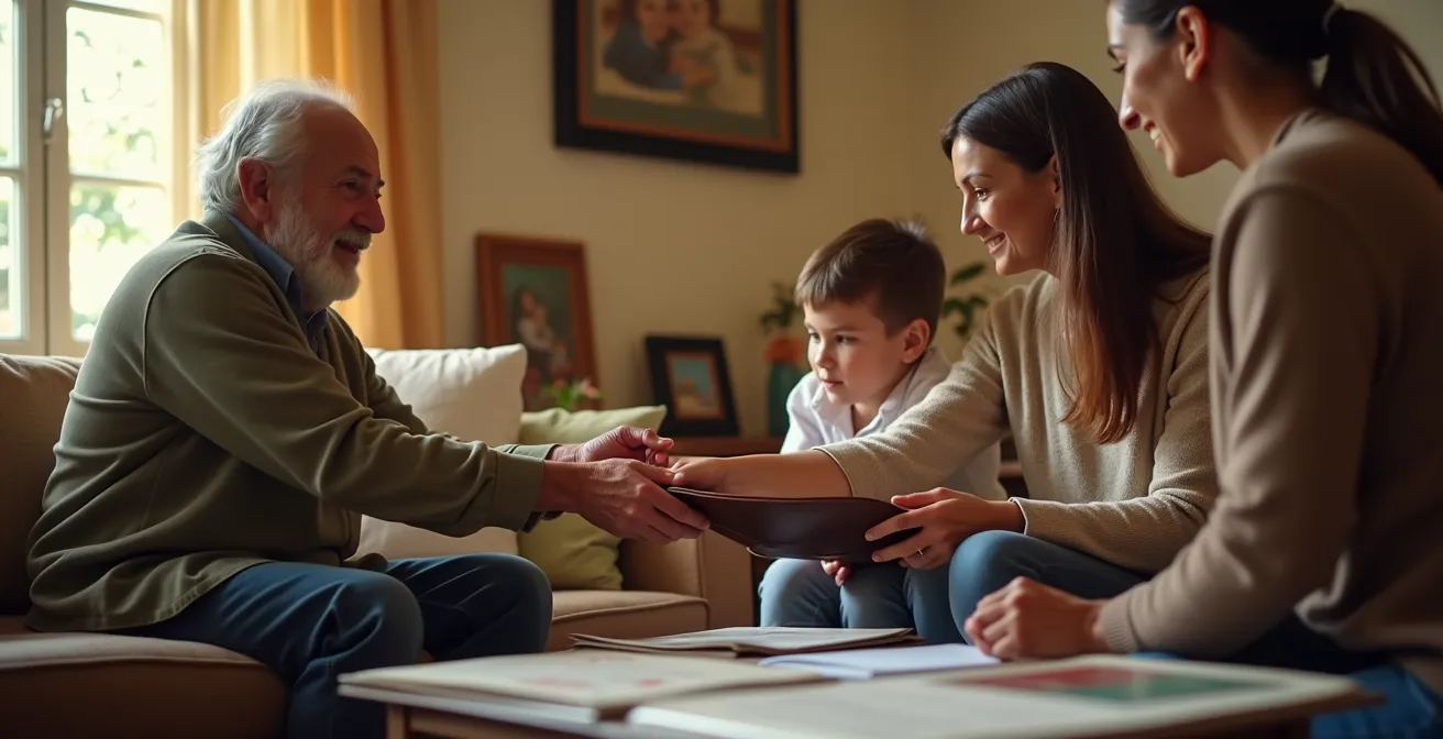 Famiglia italiana discute pianificazione successoria con documenti finanziari