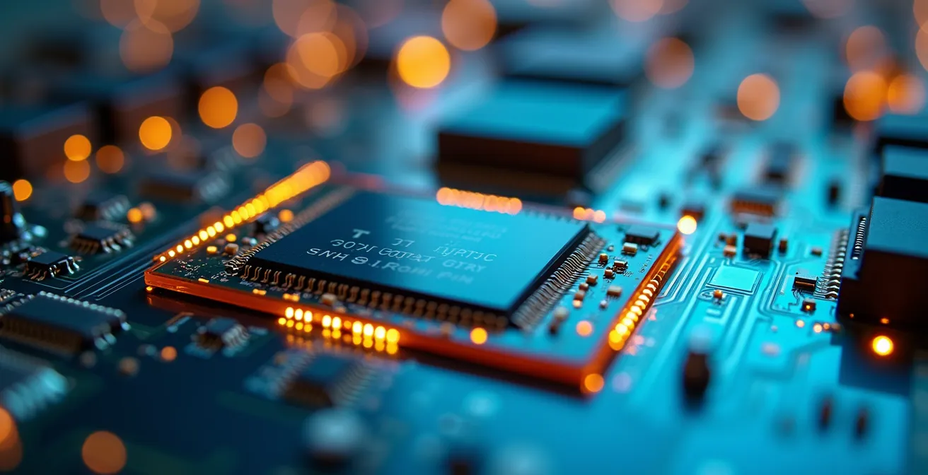 Dettaglio ravvicinato di componenti tecnologici e circuiti con texture metalliche