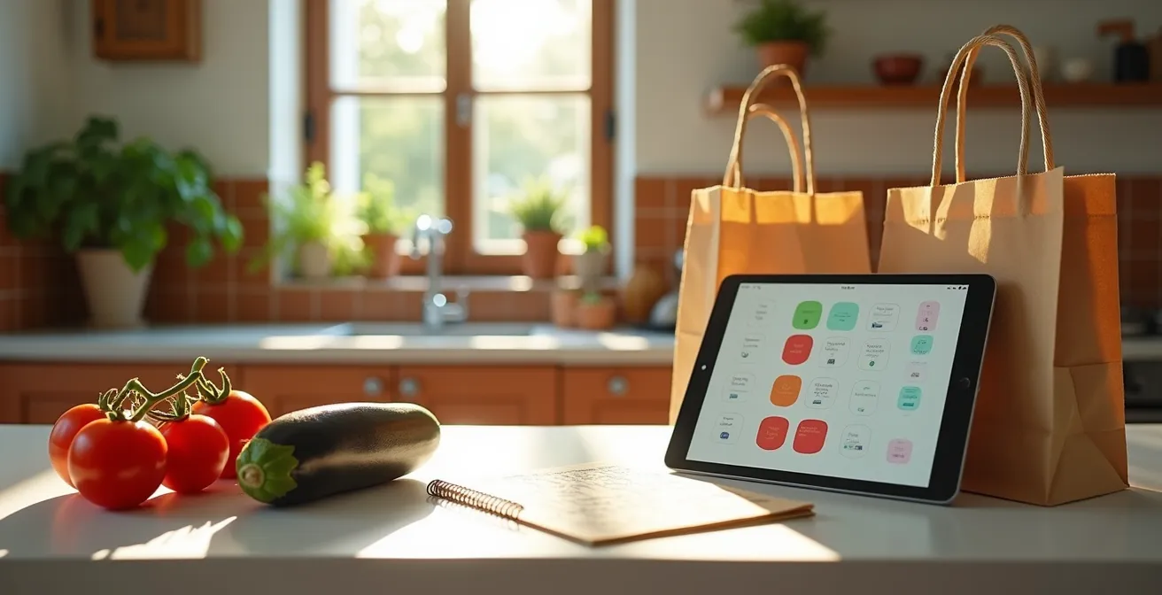 Cucina italiana con verdure fresche di stagione e lista della spesa organizzata sul tavolo