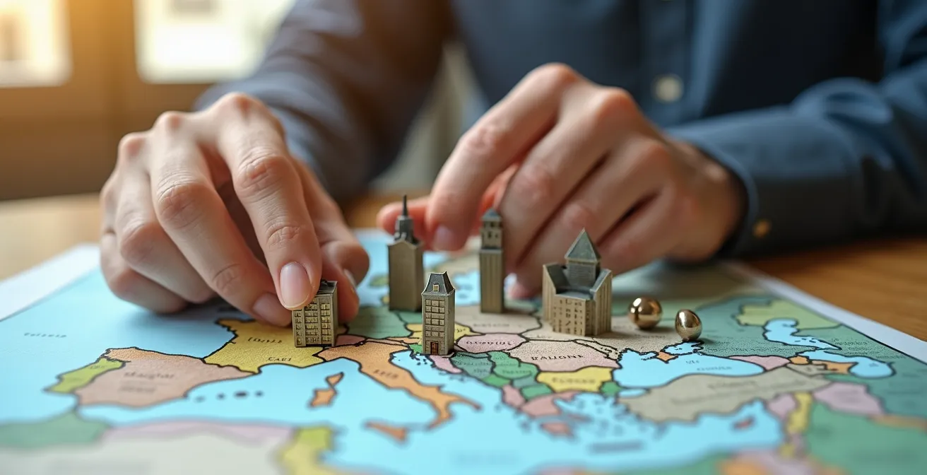 Mani che dispongono diverse monete e asset simbolici su una mappa europea