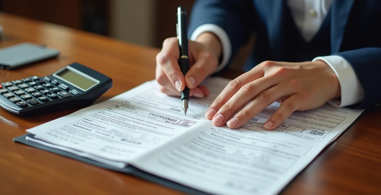 Mani che organizzano documenti finanziari su scrivania con calcolatrice e penna