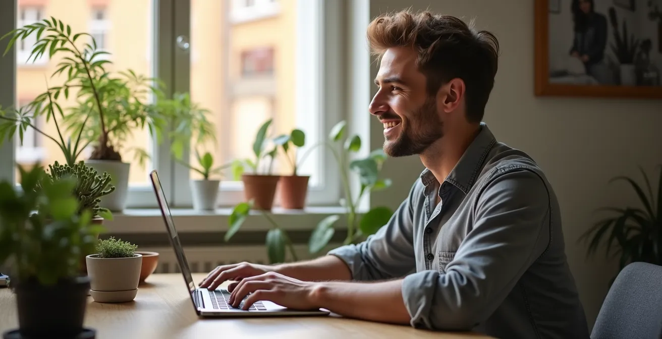 Professionista italiano che lavora in ambiente domestico luminoso con vista città