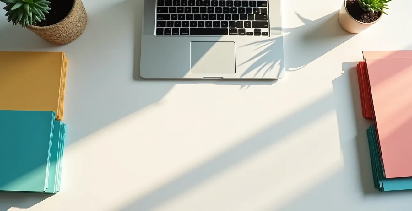 Scrivania ordinata con documenti finanziari organizzati in cartelle colorate