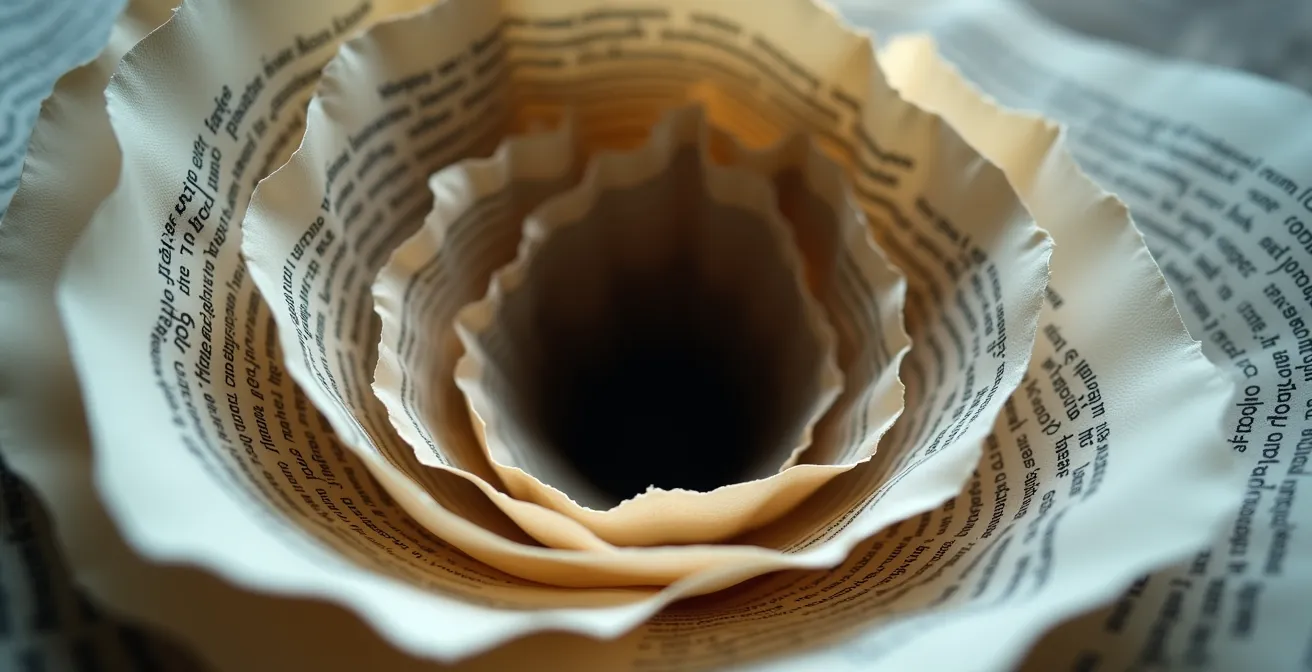 Spirale discendente formata da carte di credito e contratti che rappresenta la caduta nella trappola del debito multiplo