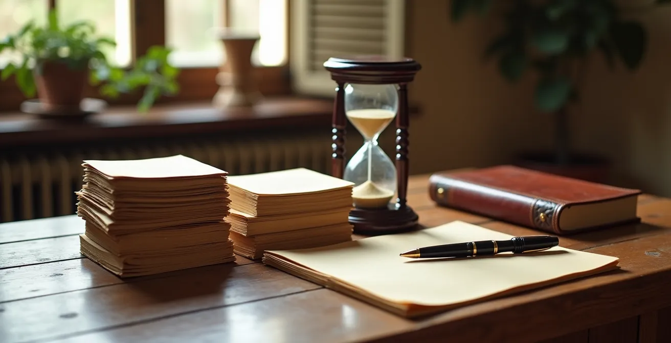 Cronologia temporale con documenti e calendario su tavolo di legno italiano