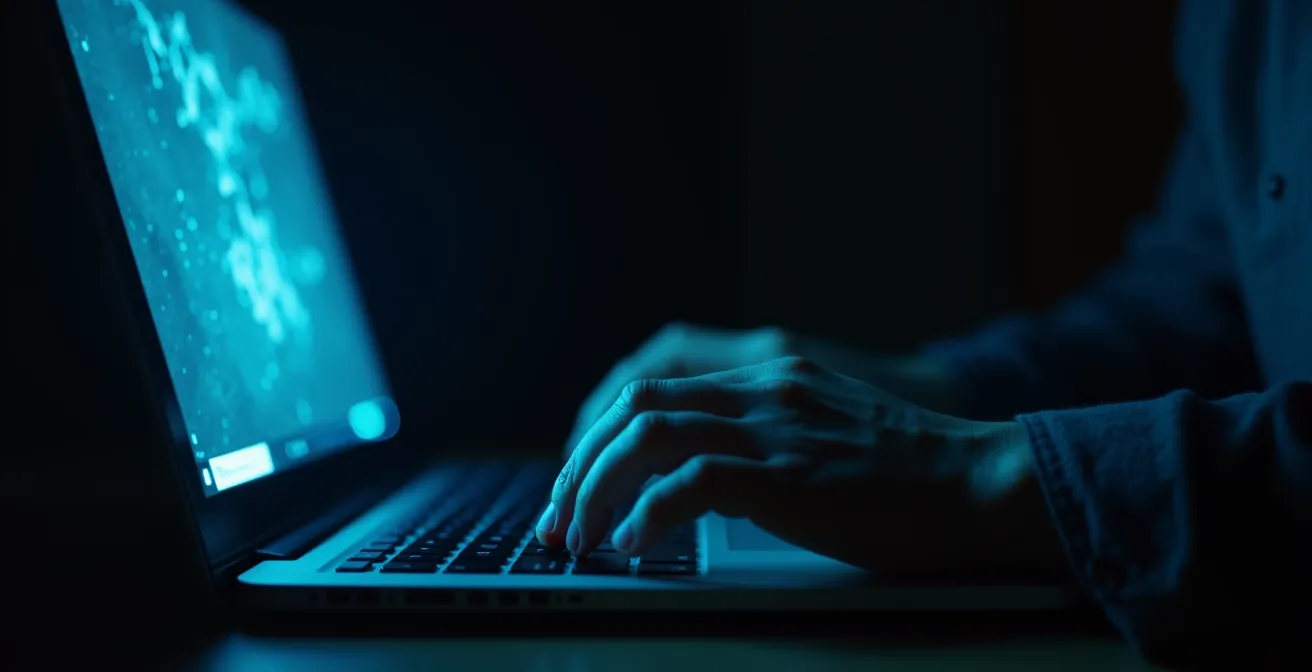 Mani su tastiera con ombre minacciose che suggeriscono il pericolo delle truffe online